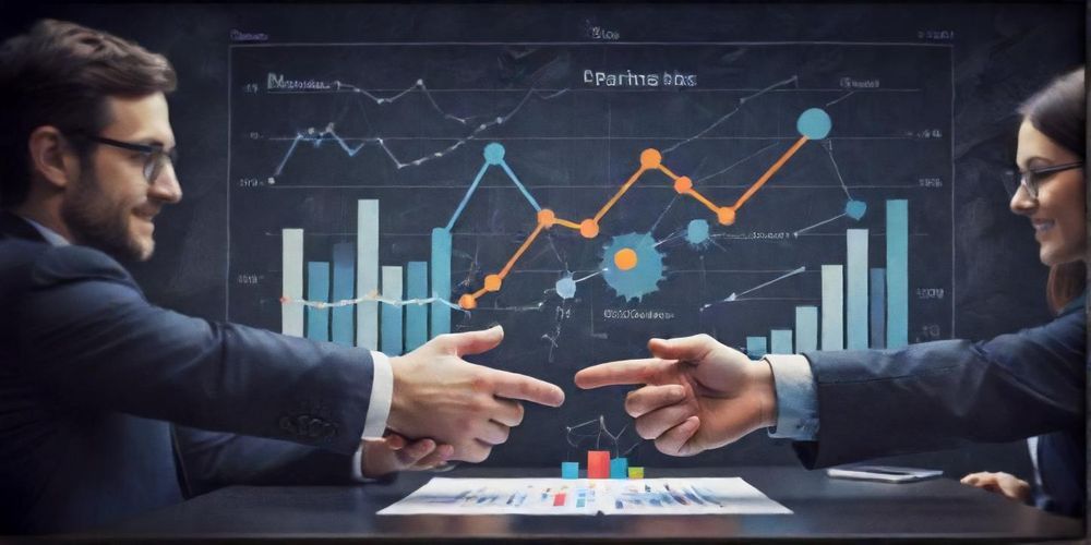 A visual representation of successful partnership dynamics with graphs and charts, illustrating growth and collaboration in the startup realm.