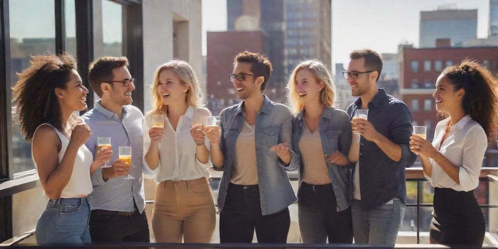 A focused group of startup founders celebrating a successful partnership on a sunny office balcony, conveying triumph and innovation in a modern workspace.