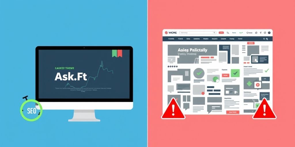 A split-screen digital illustration showing a sleek, modern WordPress theme on one side with fast loading speed indicators and green SEO checkmarks, contrasted with a cluttered, outdated theme on the other side with red warning symbols for slow speed and poor mobile responsiveness.