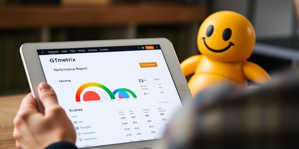 A person using a tablet showing GTmetrix performance report with high scores for a WordPress theme, while a smiling Googlebot crawler icon watches approvingly in the background.
