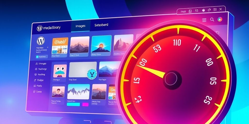 An illustrated dashboard showing WordPress media library with images being automatically compressed into smaller WebP formats while a speedometer needle moves from slow red zone to fast green zone.