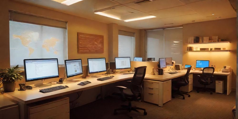 A cozy office environment with workstations featuring speed testing tools on screens, representing teamwork and dedication to improving website performance together.
