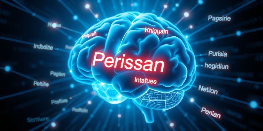 A futuristic digital brain with Persian keywords floating around it, connected by glowing neural networks, symbolizing AI-driven keyword analysis in a high-tech environment with a dark blue cyber background.