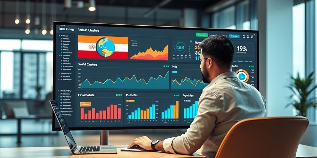 An Iranian digital marketer using a sophisticated analytics dashboard showing Persian keyword clusters and search trends, with AI recommendations appearing as holograms in a modern office setting.