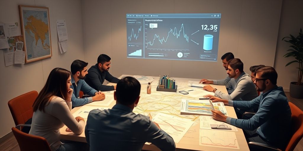 A diverse team of Iranian SEO professionals collaborating around a table covered with Persian keyword maps and AI-generated reports, with futuristic data visualizations projected above them.