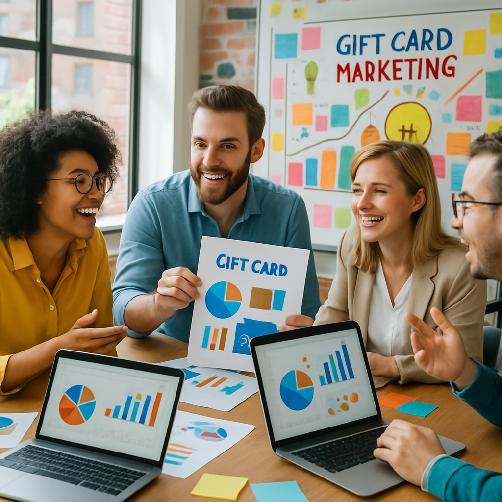 A marketing team brainstorming creative campaigns using gift cards, with charts and laptops in a lively atmosphere, reflecting teamwork and innovation.