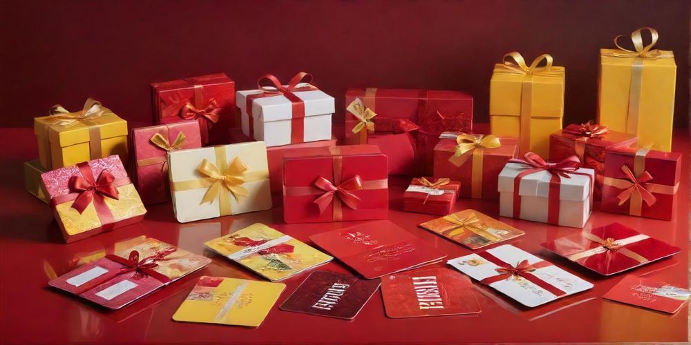 A vibrant display of various gift cards from different brands, showcasing their designs and features on a colorful table.