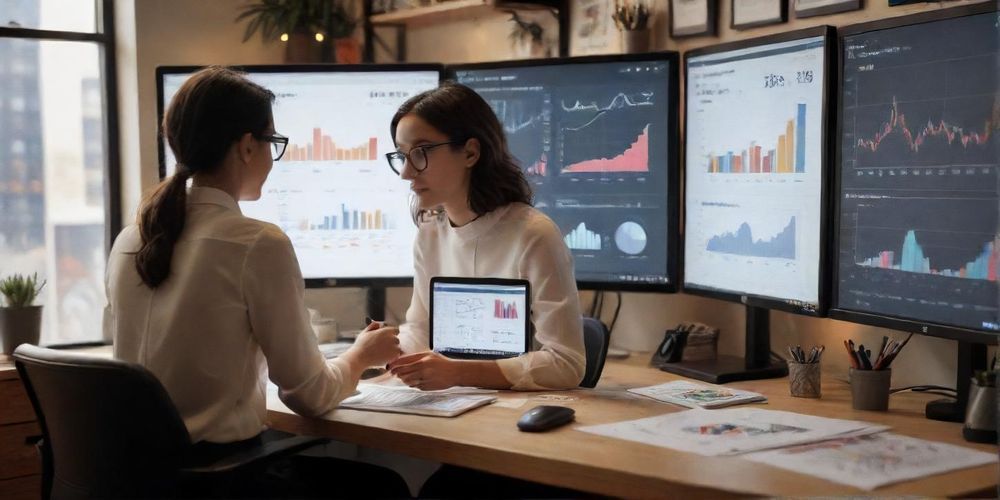 A creative workspace with a marketing professional analyzing data related to gift card campaigns, with charts and graphs displayed on screens.