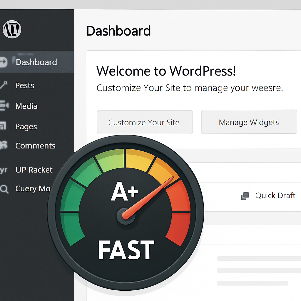 A speedometer dashboard showing fast loading times, with a clean WordPress admin panel in the background and optimization tools like WP Rocket and Query Monitor visible on screen.
