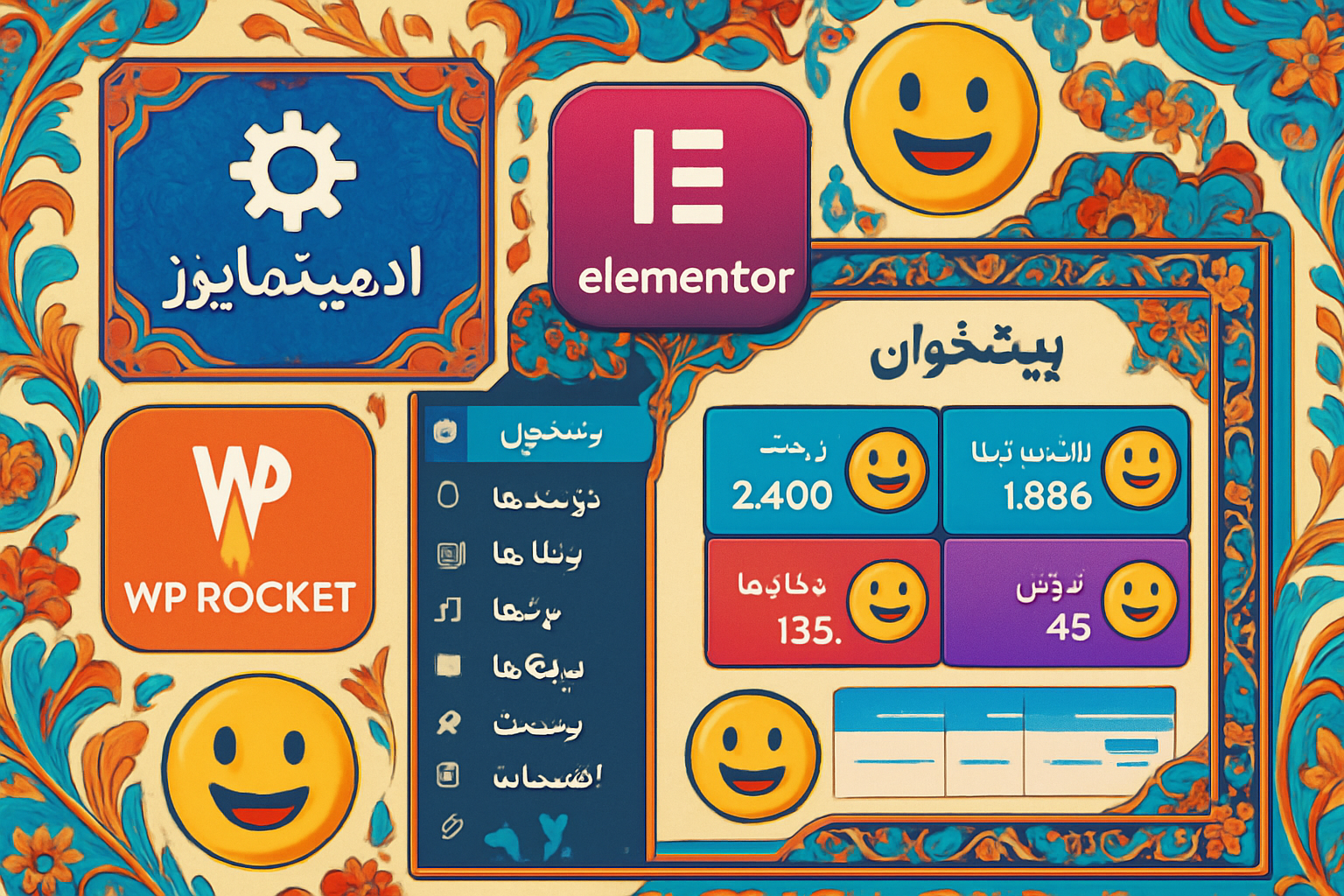 A collage showing popular WordPress dashboard optimization plugins like Adminimize, Elementor, and WP Rocket with Persian UI, integrated on a dashboard with clear metrics and happy face emojis.