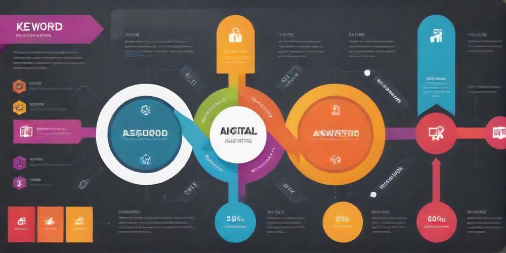 A vibrant infographic illustrating the keyword analysis process, showcasing techniques and tools used in digital marketing, with a light and modern design.