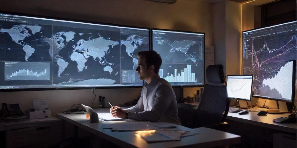 A thoughtful person analyzing their keyword data on a computer, surrounded by charts and notes, symbolizing strategic planning in digital marketing with a neutral color palette.