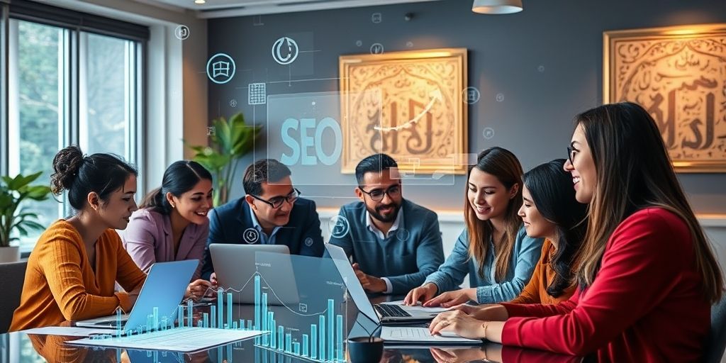 A diverse team of digital marketers analyzing 3D holographic SEO data visualizations with AI symbols floating around, modern office setting with Persian calligraphy art on wall, vibrant colors
