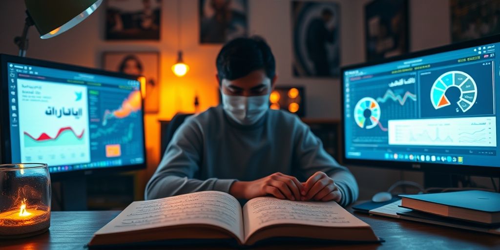 A Persian content creator using AI tools on dual monitors showing SEO analytics and content strategy diagrams, with notebook featuring Persian notes, warm lighting