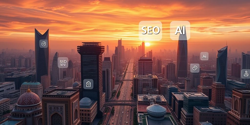 Futuristic cityscape with Persian architectural elements, SEO and AI icons floating above, showing human and AI collaboration in digital marketing, vibrant sunset colors