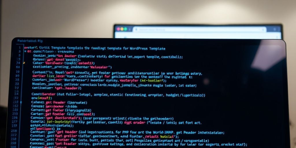 A modern code editor showing WordPress template files with highlighted PHP functions like get_header and get_footer, with a clean website preview in the background demonstrating header/footer integration, using a color scheme of blues and grays.