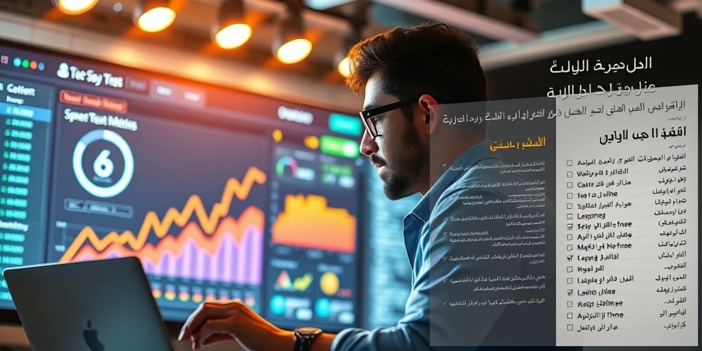 A developer optimizing WordPress theme performance, shown with speed test metrics improving on a dashboard, alongside clean code examples and a checklist of optimization tips in Persian.