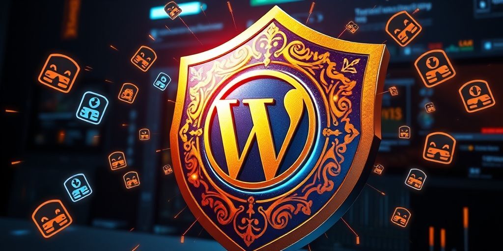 A shield with Persian patterns protecting a WordPress logo against digital threats, with hacker symbols bouncing off the shield, vibrant blue and gold colors, realistic 3D rendering