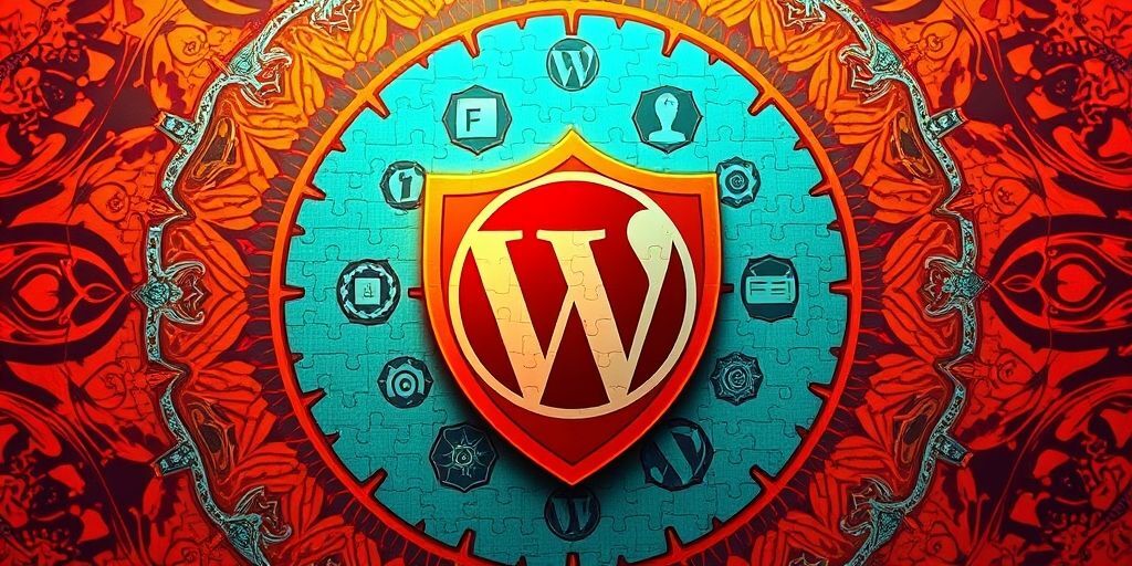 A Persian-style puzzle with WordPress shield pieces fitting together, showing plugin icons integrating with security layers, warm orange and turquoise colors, digital art style