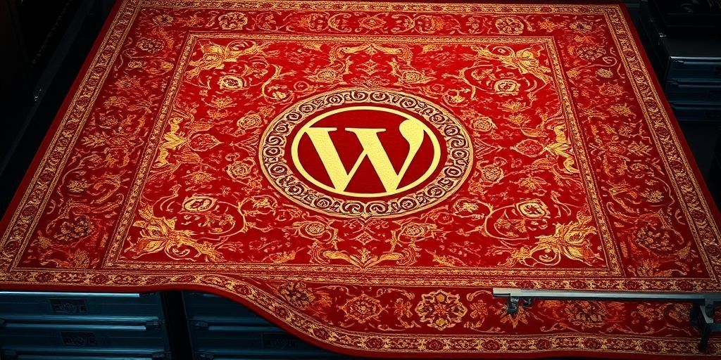A Persian rug with WordPress logo design, underlaid with server racks and shield icons, symbolizing layered security, rich red and gold colors, photorealistic