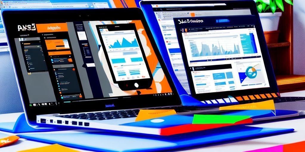 A visual representation of digital retargeting: a laptop screen showing analytics dashboard with visitor paths, alongside floating digital tags following a user across websites, vibrant blue and orange data streams connecting devices.