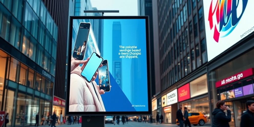 A dynamic digital billboard in a modern city street, displaying personalized ads that change based on nearby shoppers smartphone activities, with vibrant colors and AR elements.