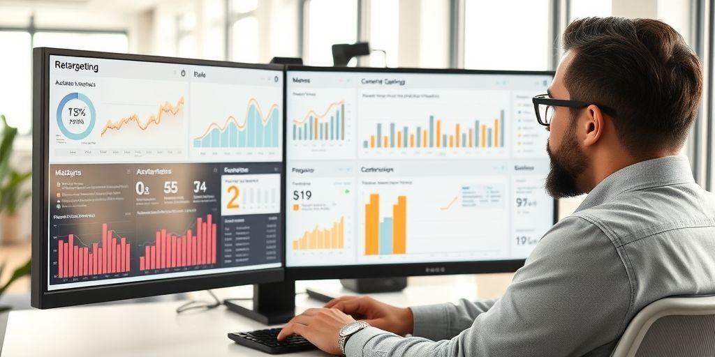 A content marketer analyzing retargeting campaign metrics on a multi-screen dashboard, with visible audience segmentation graphs and frequency cap settings, in a bright modern office.