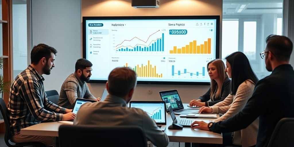 A diverse team of Iranian professionals collaborating around a digital dashboard displaying real-time analytics and Persian-language metrics, with laptops and mobile devices showing engagement data, set in a modern Tehran office with warm lighting.