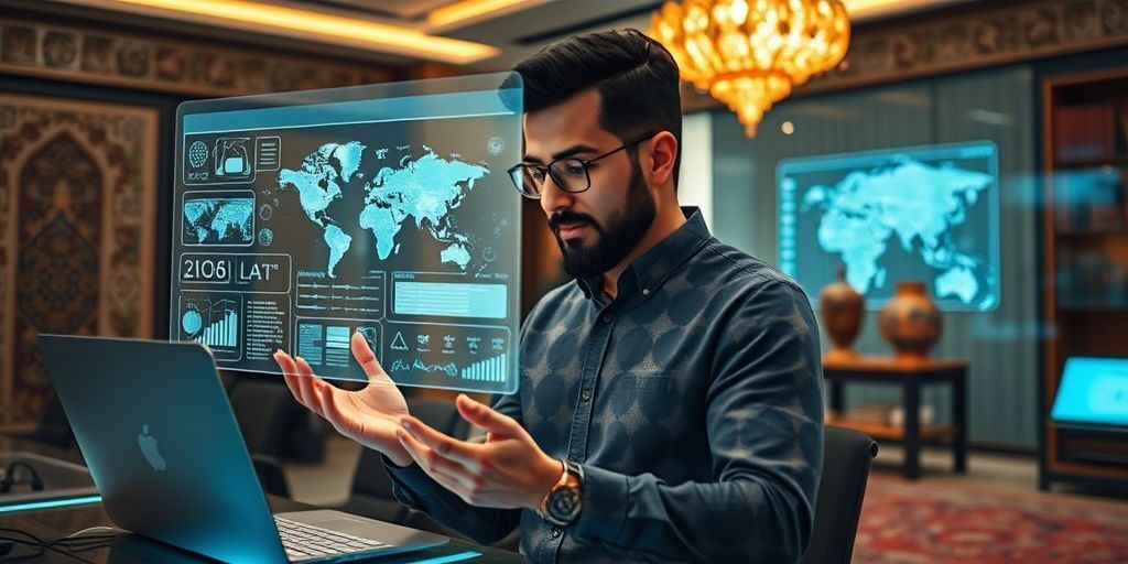 An Iranian entrepreneur analyzing a holographic interface with Persian-language data visualizations showing customer journey maps, conversion funnels, and AI-powered predictions, in a high-tech workspace with traditional Persian design elements.