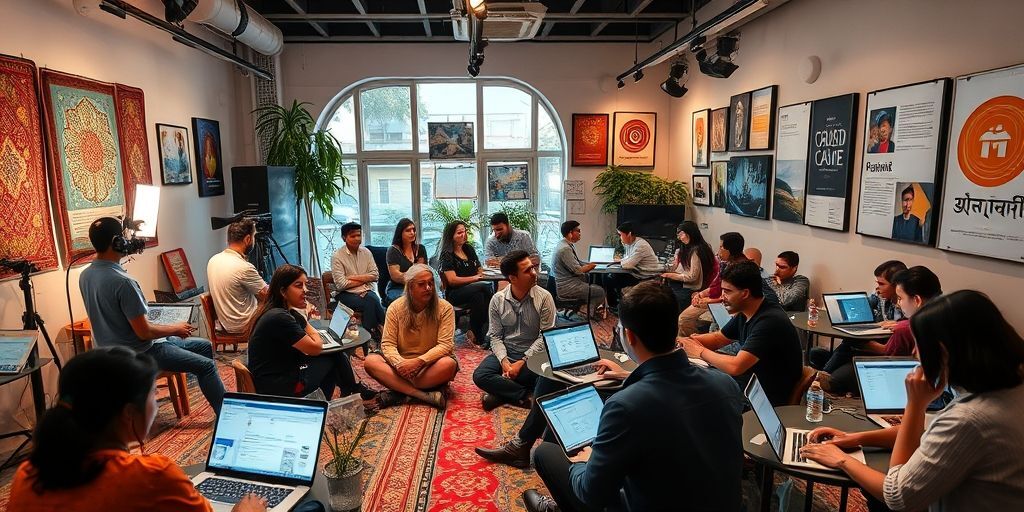 A content creation studio in Tehran with diverse Iranian creators filming a tutorial video, designing Persian-language infographics, and writing SEO-optimized articles, featuring traditional calligraphy art mixed with modern digital tools.