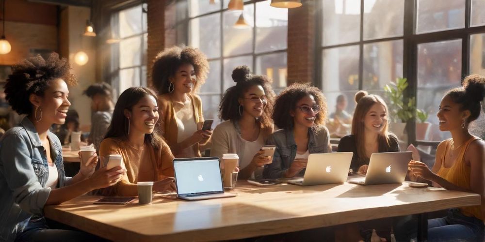 A diverse group of influencers engaging with their audience on various social media platforms, showcasing the concept of influencer marketing in action.