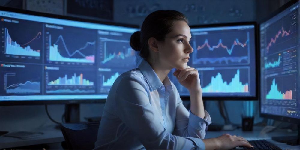 A data analyst reviewing marketing metrics and reports on a computer, emphasizing the importance of measuring and analyzing marketing performance.