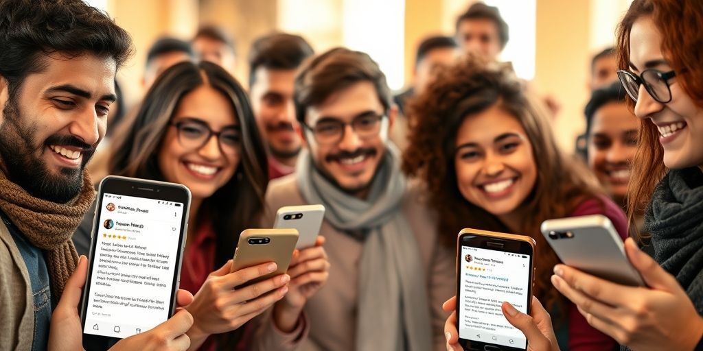 A diverse group of people smiling while holding mobile phones showing social media notifications and user reviews in Persian, with authentic comments and star ratings visible on screens, set against a warm community background