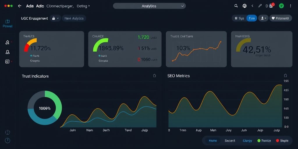A website dashboard showing analytics of user engagement with UGC content, including rising trust indicators and SEO metrics in Persian language, with graphs trending upwards