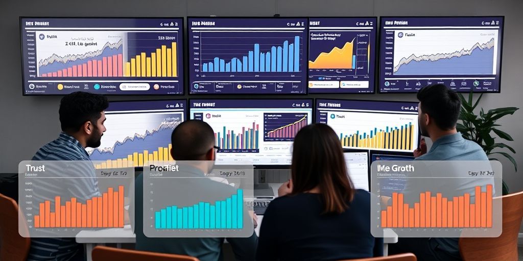 A diverse team collaboratively analyzing UGC performance metrics on multiple screens, with Persian text overlays showing growth in trust and engagement indicators