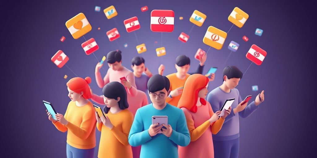 A vibrant 3D illustration showing interconnected people sharing content on mobile devices, with Persian social media icons floating around them, symbolizing viral spread in digital space.