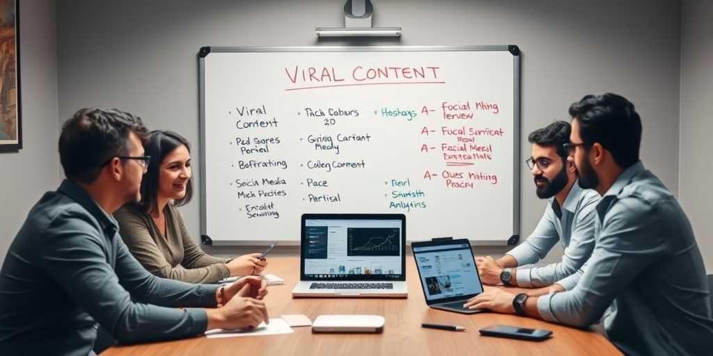 An Iranian marketing team brainstorming around a table with viral content ideas on whiteboard, including Persian hashtags and social media analytics on a laptop screen.