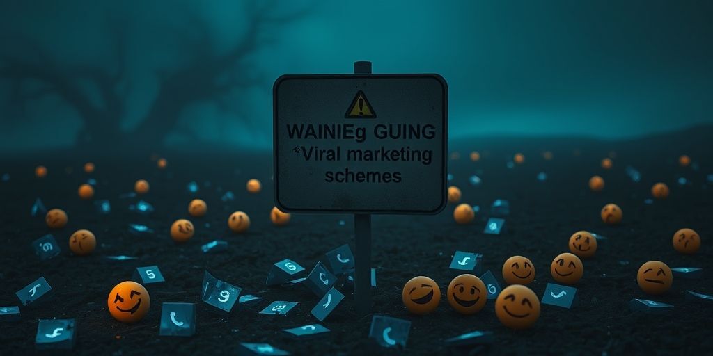 A caution sign with Persian text warning about viral marketing pitfalls, surrounded by broken share icons and unhappy emojis, in a dark-themed digital landscape.