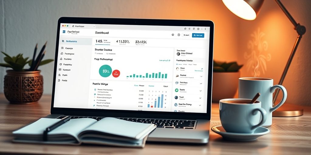 A modern, organized WordPress dashboard interface in Persian language, showing clean widgets, performance metrics, and customization options, with a warm color scheme and intuitive layout, displayed on a laptop screen with a notebook and coffee cup nearby.