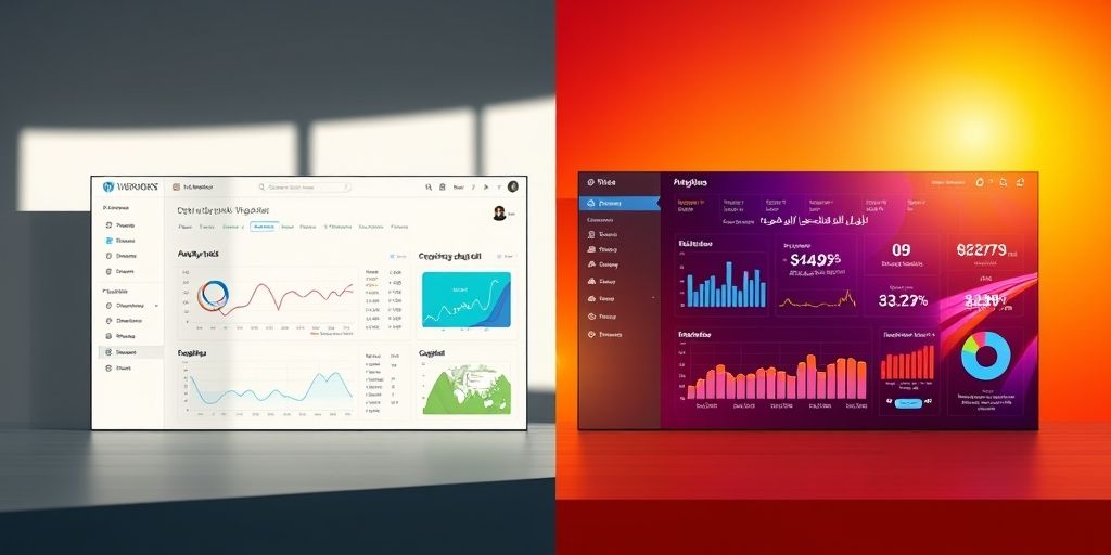 A split-screen showing a default WordPress dashboard vs. an enhanced dashboard with custom widgets, analytics graphs, and productivity tools, with Persian text visible in both interfaces.