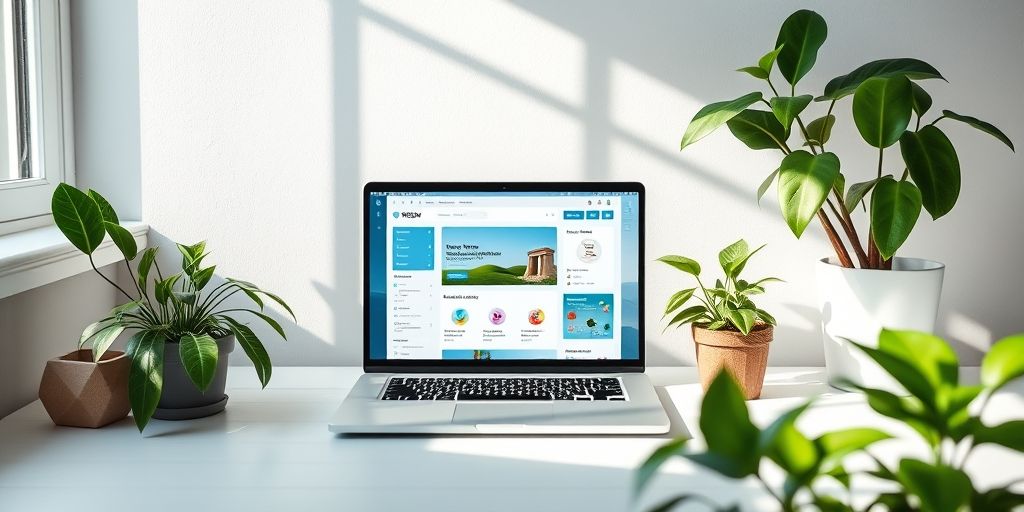 A clean, minimalist workspace with a laptop showing an optimized Persian WordPress dashboard, featuring only essential widgets and a calming blue color scheme, surrounded by plants for a productive atmosphere.