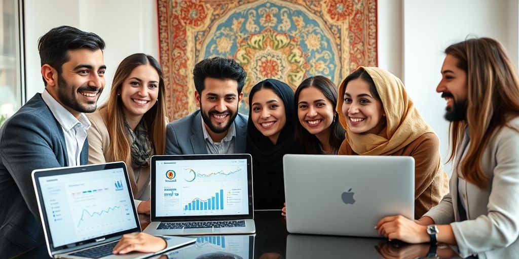 A diverse group of Iranian business professionals smiling while collaborating on social media strategy, with laptops showing analytics dashboards and Persian-language engagement metrics, in a modern Tehran office setting with traditional Persian art elements in background.