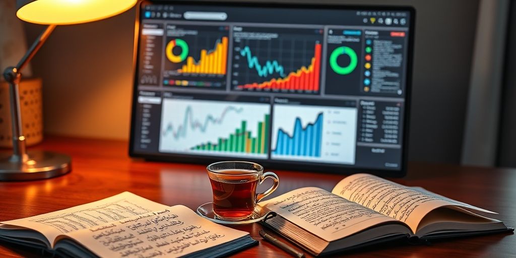 An organized digital dashboard showing multiple Persian-language social media analytics reports with colorful charts, alongside a cup of traditional Iranian tea and a notebook with handwritten Farsi notes about engagement strategies.