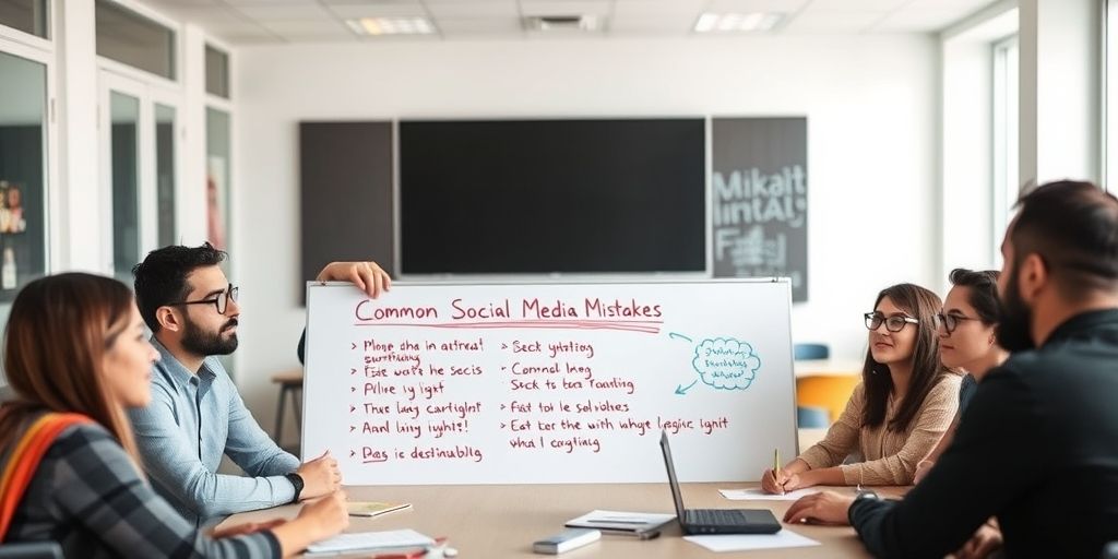 A diverse team of Iranian marketers having a brainstorming session, with a whiteboard showing Farsi text listing "Common Social Media Mistakes" crossed out in red, in a bright collaborative workspace.