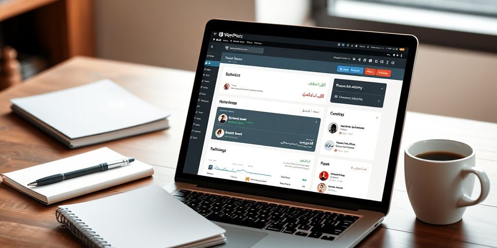 A modern laptop displaying a clean, organized WordPress dashboard in Persian language, with key sections like statistics, recent activity, and notifications clearly visible, surrounded by a notebook and coffee cup on a wooden desk.