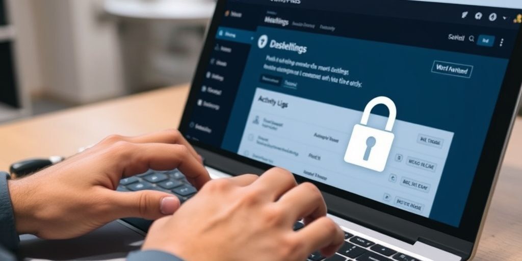 A close-up of hands typing on a keyboard with a WordPress dashboard open on the screen showing security settings and activity logs, with a padlock icon visible, symbolizing website protection.