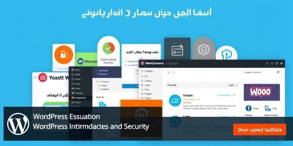 A visually appealing collage of essential WordPress plugin interfaces like Yoast SEO, WooCommerce, and security tools, integrated into the WordPress dashboard with Persian translations.