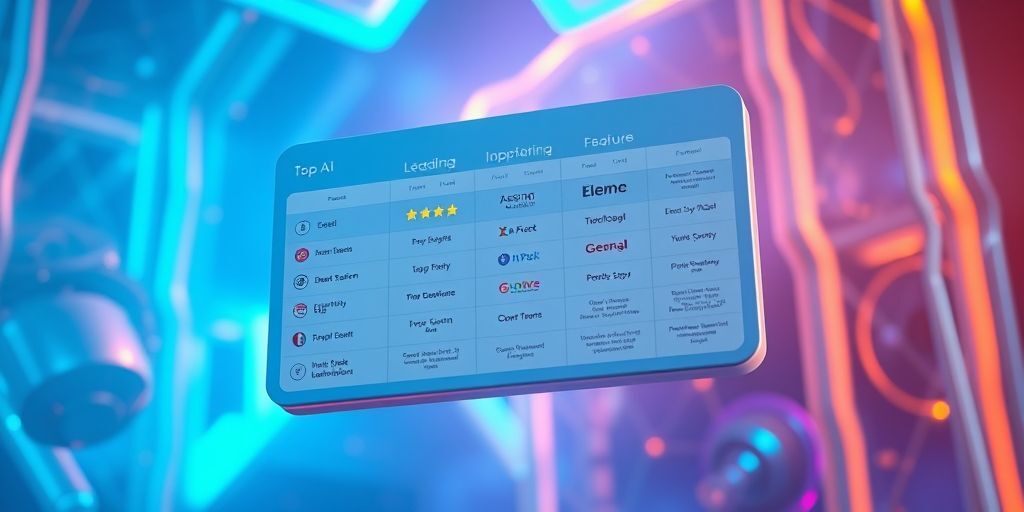 A modern comparison chart floating in air showing top AI tools with Persian language icons, stars ratings, and feature lists, futuristic blue and orange light background, 3D rendering