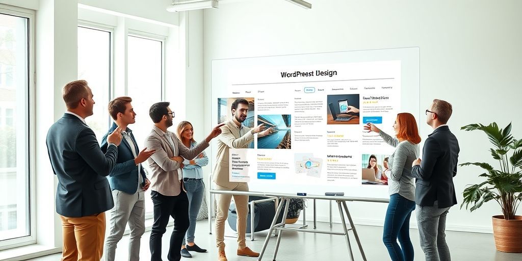 A modern office with professionals discussing website design on a large transparent smartboard showing a sleek corporate WordPress theme layout, with clear typography and structured sections.