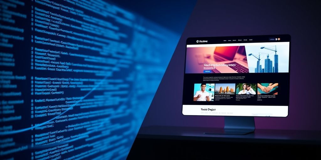 A split-screen view showing code on one side and a sleek business website on the other, illustrating the connection between clean technical implementation and professional visual results.